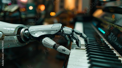 Watch closely as the camera zooms in on two robotic hands effortlessly playing the piano, Generated by AI
