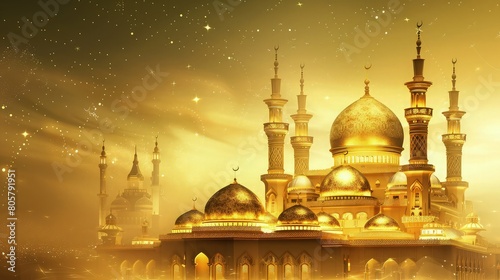 A majestic and beautifully illuminated golden mosque, set against a shimmering light golden background that reflects the festive spirit of EID ul Adha. 