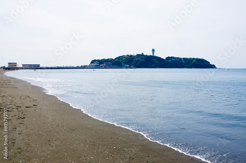 Fragment torrent West Beach and Enoshima island in Fujisawa, Kanagawa prefecture, Kanto, Japan. photo