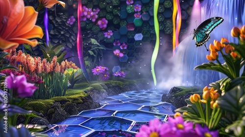 Enchanting garden with colorful liquid streams, hexagonal setting, and a butterfly amidst flowers.
