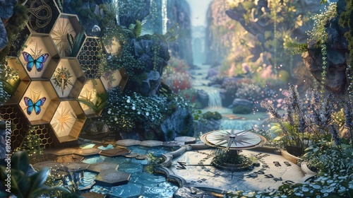 Enchanted garden scene with liquid flows, hexagonal backdrop, a magical butterfly, and a mystical compass.