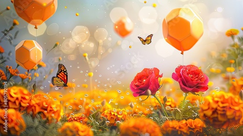 Flower field with petrol droplets, marigold patterns, a blossoming butterfly, gardener's guide, and floral balloons.