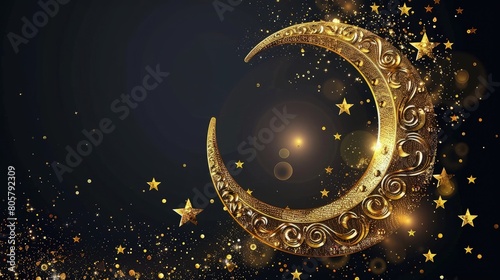 A captivating night sky scene with a golden crescent moon hanging low on a pitch-black background, embellished with sparkling little stars that create a serene and enchanting atmosphere. Eid ul adha 