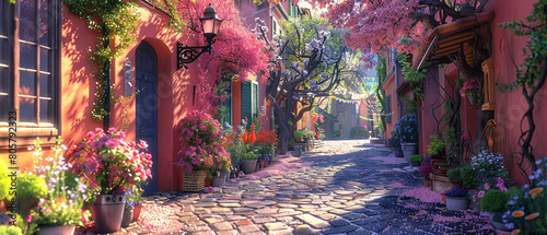 A quaint alleyway filled with blooming flowers and a whimsical street lamp as the focal point