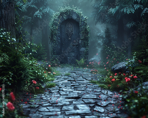 A cobblestone path leading towards a mysterious door in the forest
