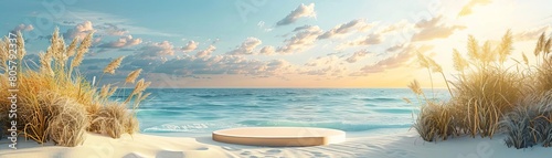 Product launch on a sandy beach podium, golden sunlight blending with azure seas, summer elegance photo