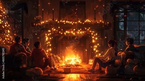 A family sits and chats by a fireplace in the winter to stay warm and happy.