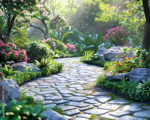 Cobblestone path winding through a lush garden