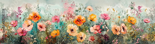 Create a watercolor mural featuring a lush floral garden bursting with vibrant colors