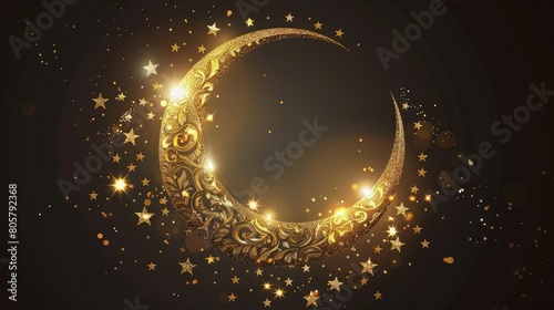 An abstract background featuring a large golden moon centered on a deep black canvas, surrounded by a myriad of tiny, glittering stars that scatter light across the scene. Eid ul adha  photo