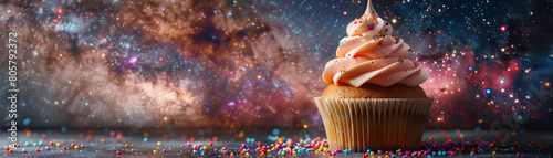 Cupcake overflowing with colorful frosting and sprinkles, set against a galaxy of stars in a vast expanse of space