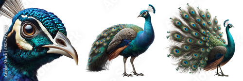 Detailed Set of Peacocks Displaying Tail Feathers, Close-up, and Standing, Isolated on Transparent or White Background