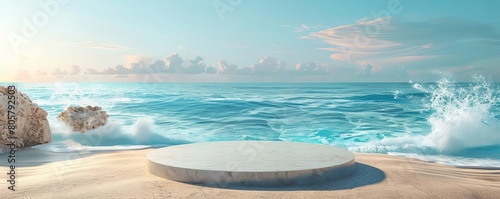 Luxurious product reveal on a 3D beach podium, where golden sands meet the gentle blue ocean