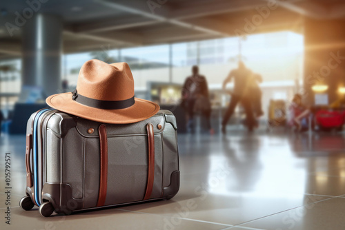 A suitcase laid out with a stylish hat perched on top, ready for a journey with a touch of flair photo