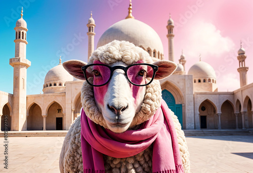 a sheep wearing glasses and pink scarf Standing in front of white mosque for Eid al adha on vibrant sky background