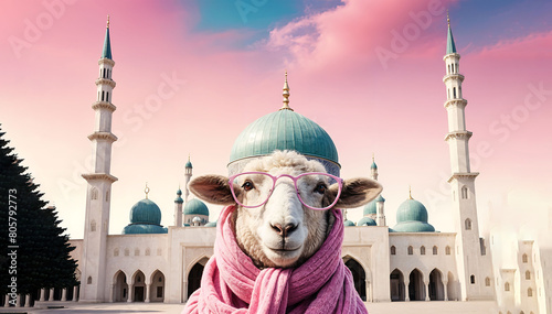 a sheep wearing glasses and scarf Standing in front of blue domed mosque for Eid al adha on vibrant background