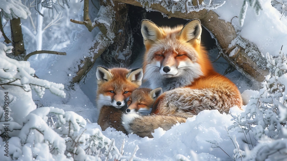 Fototapeta premium An enchanting scene of a fox and her cubs snuggled in a snowy den, their vibrant coats contrasting against the pristine white snow, symbolizing warmth in the heart of winter.