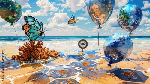 Island beach scene, tidepool liquids, hexagonal sands, and a tropical butterfly. photo