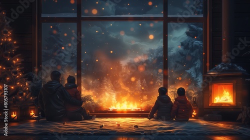 A family sits and chats by a fireplace in the winter to stay warm and happy.