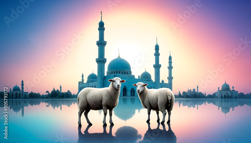 a group of sheep's Standing in front of blue mosque for Eid al adha on vibrant background