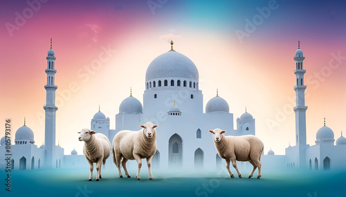 a group of sheep's Standing in front of white mosque for Eid al adha on vibrant background