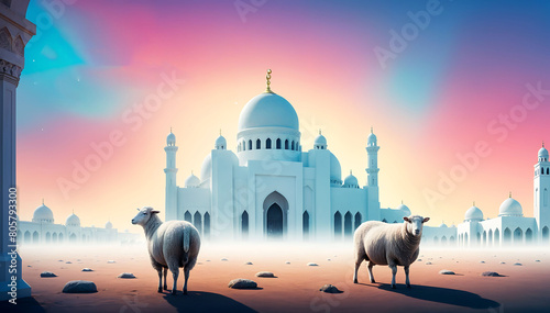 a group of sheep's Standing in front of white mosque for Eid al adha on vibrant background
