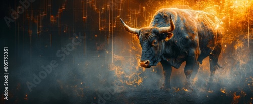 Dramatic and powerful bull in fiery environment, glowing amidst digital lines