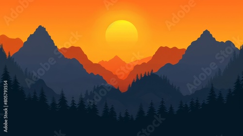   Sun sets over mountain range with pine trees in foreground and mountain silhouettes in background