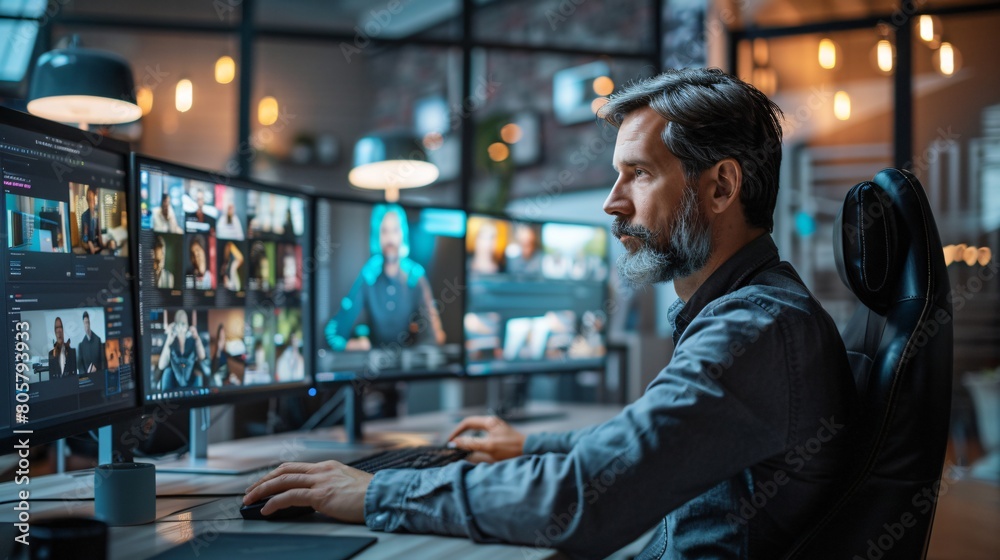 A man sitting in front of a computer monitor in a modern office setting A man sitting in front of a computer monitor in a modern office setting