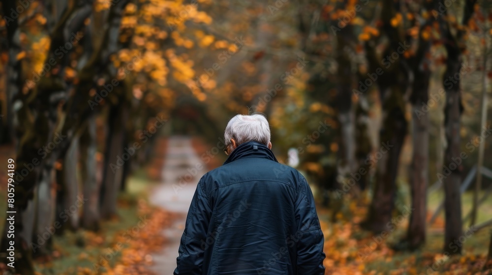 An elderly man walking down a path lined with trees, the path ahead becoming increasingly blurred and fragmented, mirroring the uncertainty and confusion experienced with dementia.