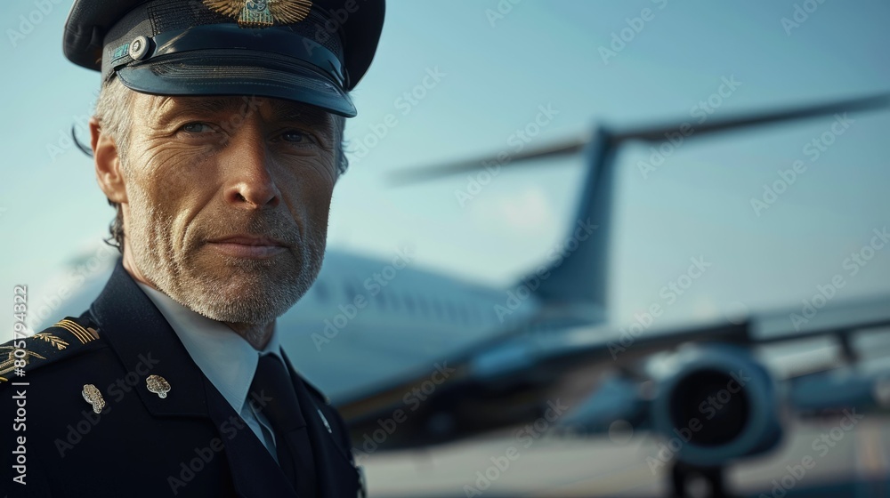 The picture of the professional pilot with confidence and standing next