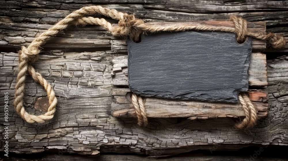   A slate atop a wooden base, beside a rope on another plank