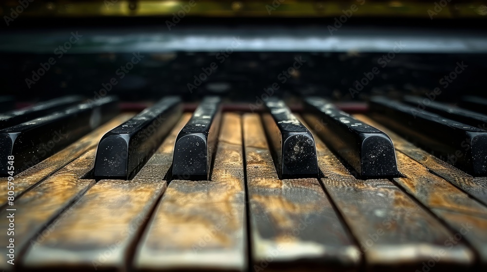 A tight shot of a wooden piano keyboard with black keytops A tight shot of a wooden piano keyboard with black keytops