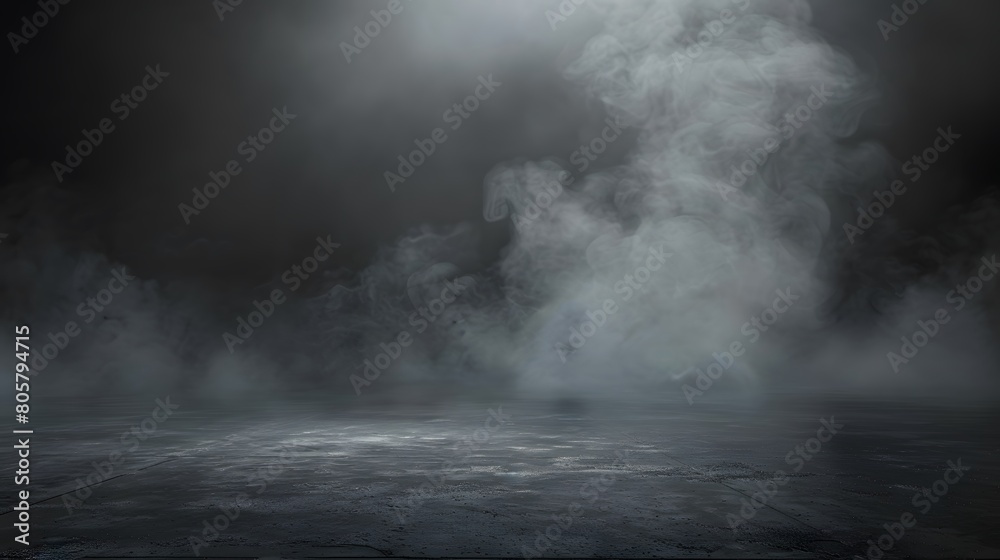 Studio show with white smoke on black background. Abstract backdrop. Modern and classic style. Product presentation with copy space Studio show with white smoke on black background. Abstract backdrop. Modern and classic style. Product presentation with copy space