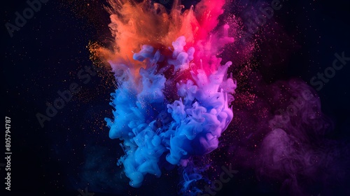 Splash of color paint, water or smoke on dark background, abstract pattern, generative AI.