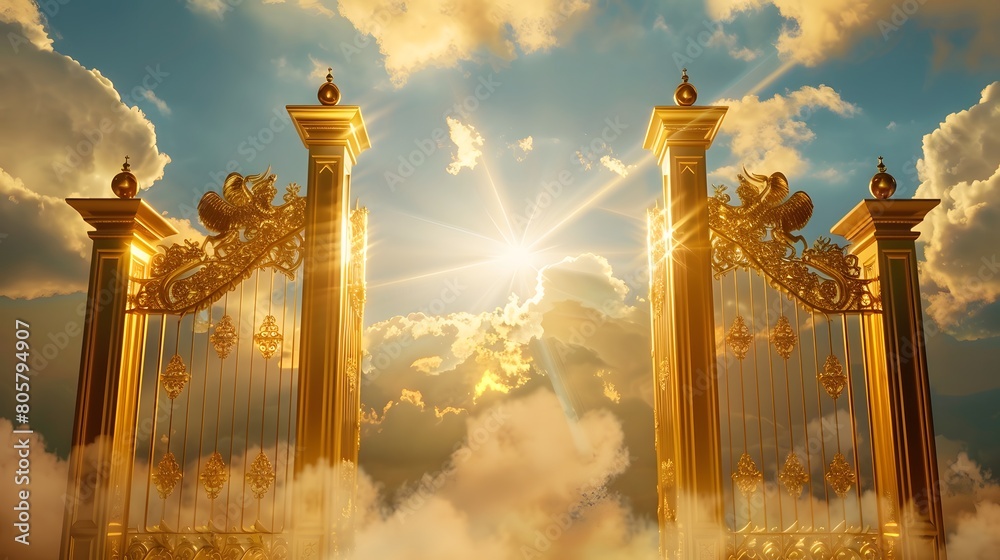 Golden Gates of heaven with sunshine in clouds. Stairway to heaven in ...