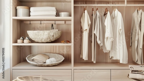 Modern minimalist wardrobe with neatly organized clothes and accessories