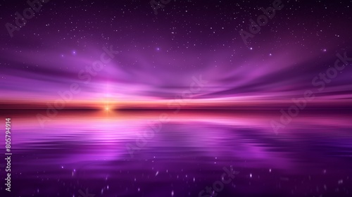   A purple-hued sky mirrors stars, sun sits above water midway photo