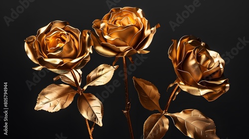 Fototapeta Naklejka Na Ścianę i Meble -  Golden roses on black background. Elegant golden roses flowers wall art 