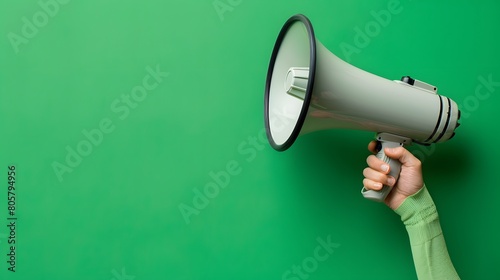 Arm extended holding a megaphone against a green backdrop
