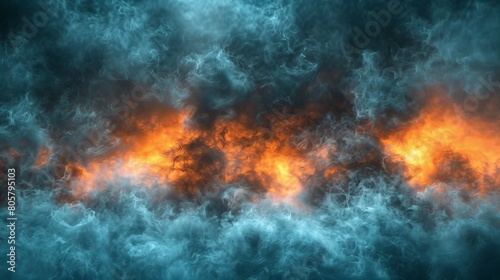  A vast expanse of orange and blue smoke against a black backdrop, with a yellow center clearly visible in the image's heart
