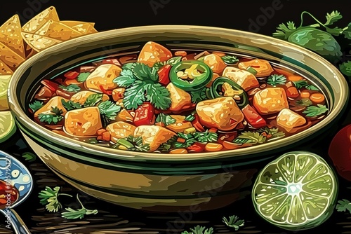 a midcenturystyle illustration featuring a delicious meal of pozole photo