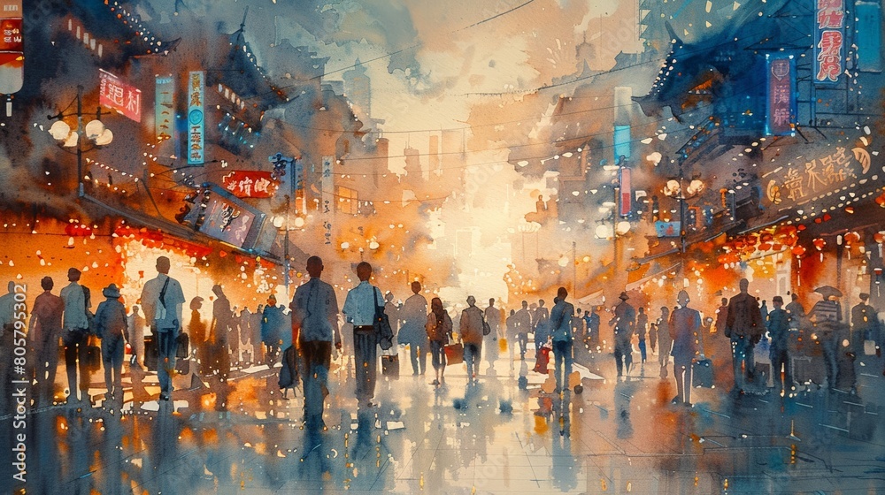 Recreate a bustling shopping scene with a futuristic twist using s