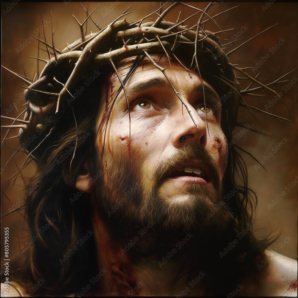 Una imagen del rostro de un cristo que mira hacia arriba, inspirado
