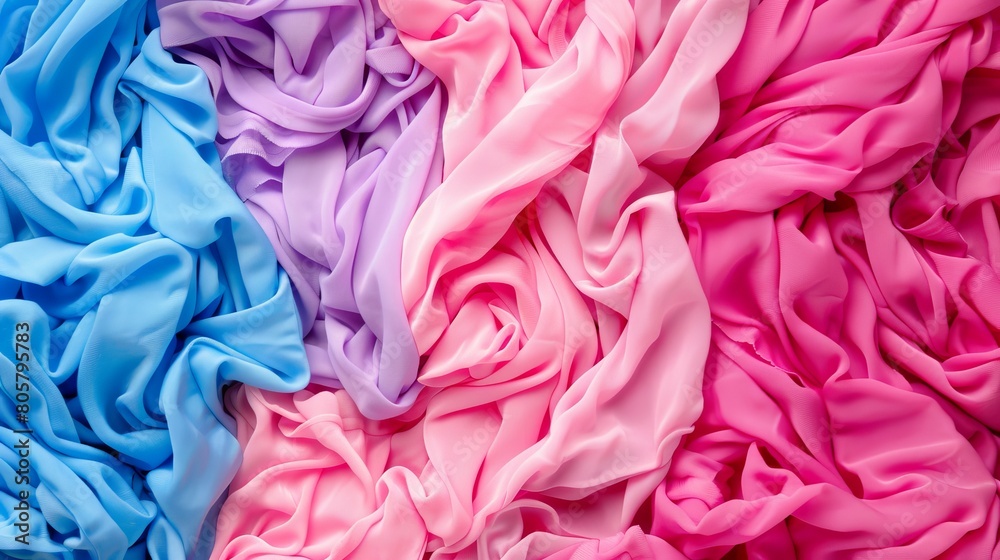 A tight shot of multi-colored fabric, textured with varying shades of pink, blue, and purple A tight shot of multi-colored fabric, textured with varying shades of pink, blue, and purple