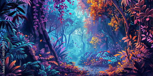 Fantasy Mysterious Tropical Forest Landscape Background Panorama Concept Drawing image HD Print Neo Game Art V11 46