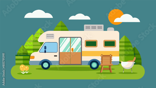 A petfriendly RV with a selfcleaning outdoor pet area including artificial grass and a builtin waste disposal system.. Vector illustration photo