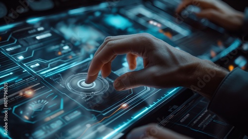 A close-up shot of a hacker's hands manipulating a virtual interface, their fingers dancing across a touchpad as they navigate through layers of encryption and firewalls with expert precision.