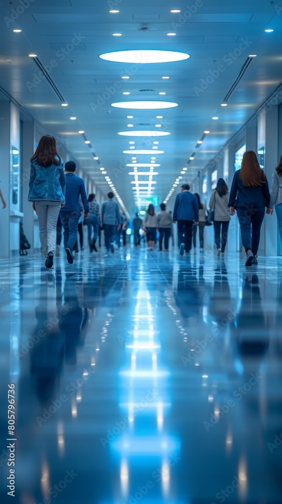 Hospital corridor interior background with doctor and patient, healthcare and medical technology concept. Blurring Boundaries: Healthcare and Technology in Hospital Corridor