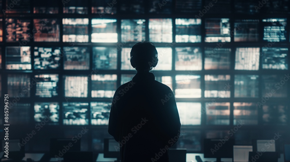 A shadowy figure silhouetted against a wall of computer screens, their identity concealed as they orchestrate a sophisticated hacking operation from the depths of the digital realm. A shadowy figure silhouetted against a wall of computer screens, their identity concealed as they orchestrate a sophisticated hacking operation from the depths of the digital realm.